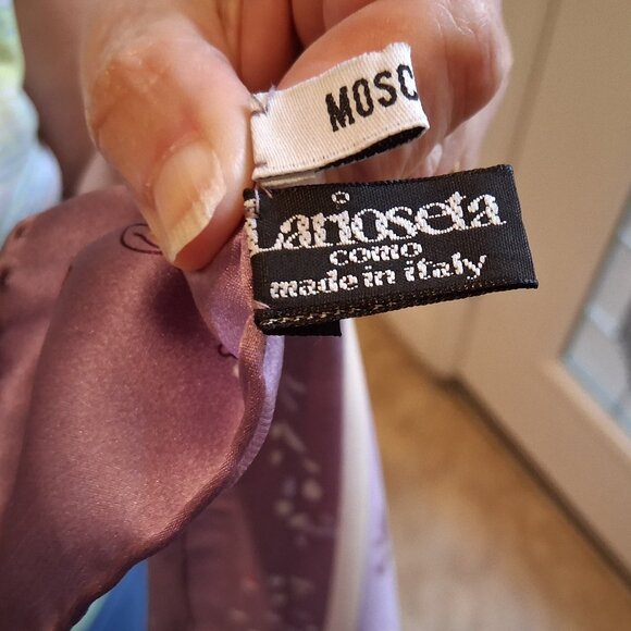 Vintage Moschino Larioseta Como Silk Scarf - Teacups & Shoes Print Red Border - Picture 3 of 5